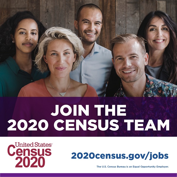 a group of smiling people and text join the 2020 census team