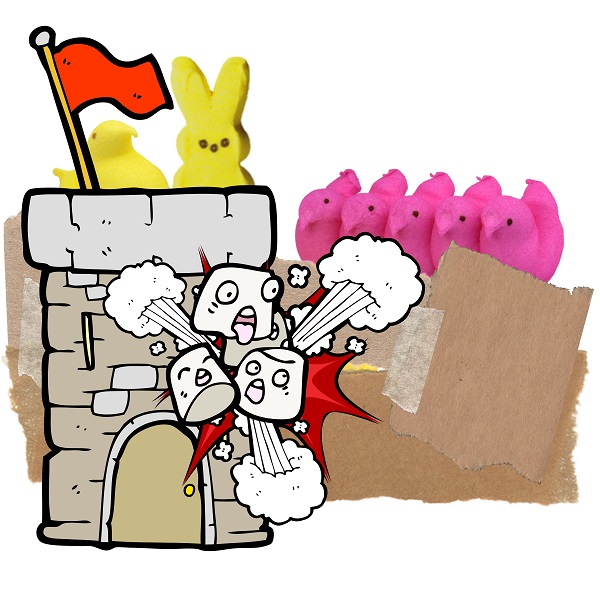 peeps and graphic of a fight of marshmallows