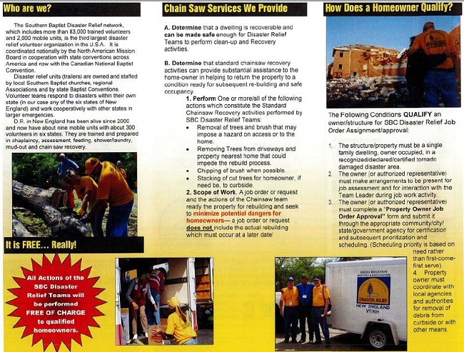 Southern Baptist Church Disaster Relief flyer