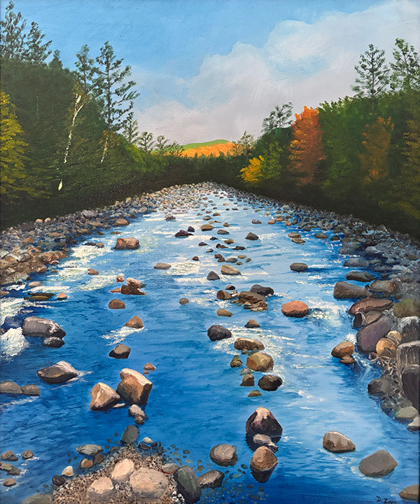 painting of a river with rocks in it and trees around it