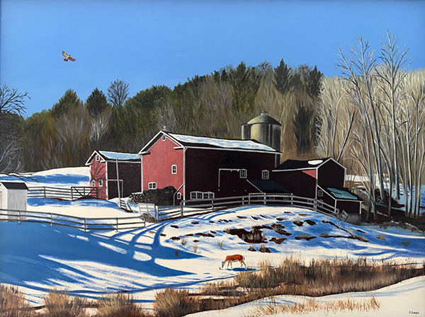 painting of a red barn in the snow