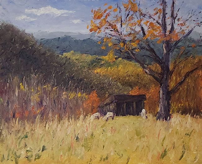 painting of grazing sheep in the fall