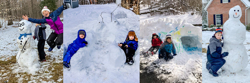 snow sculptures with kids who built them