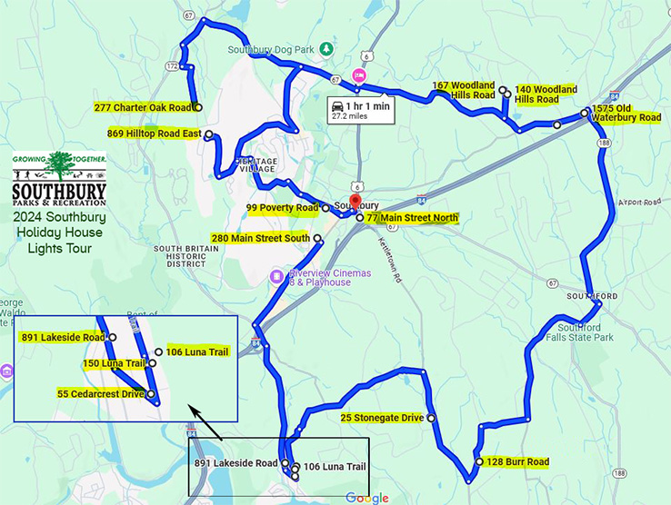 map with stops for holiday house lights tour